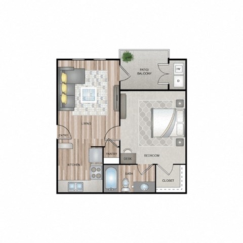 Floor plan for 1 bed, 1 bath, 597 sqft